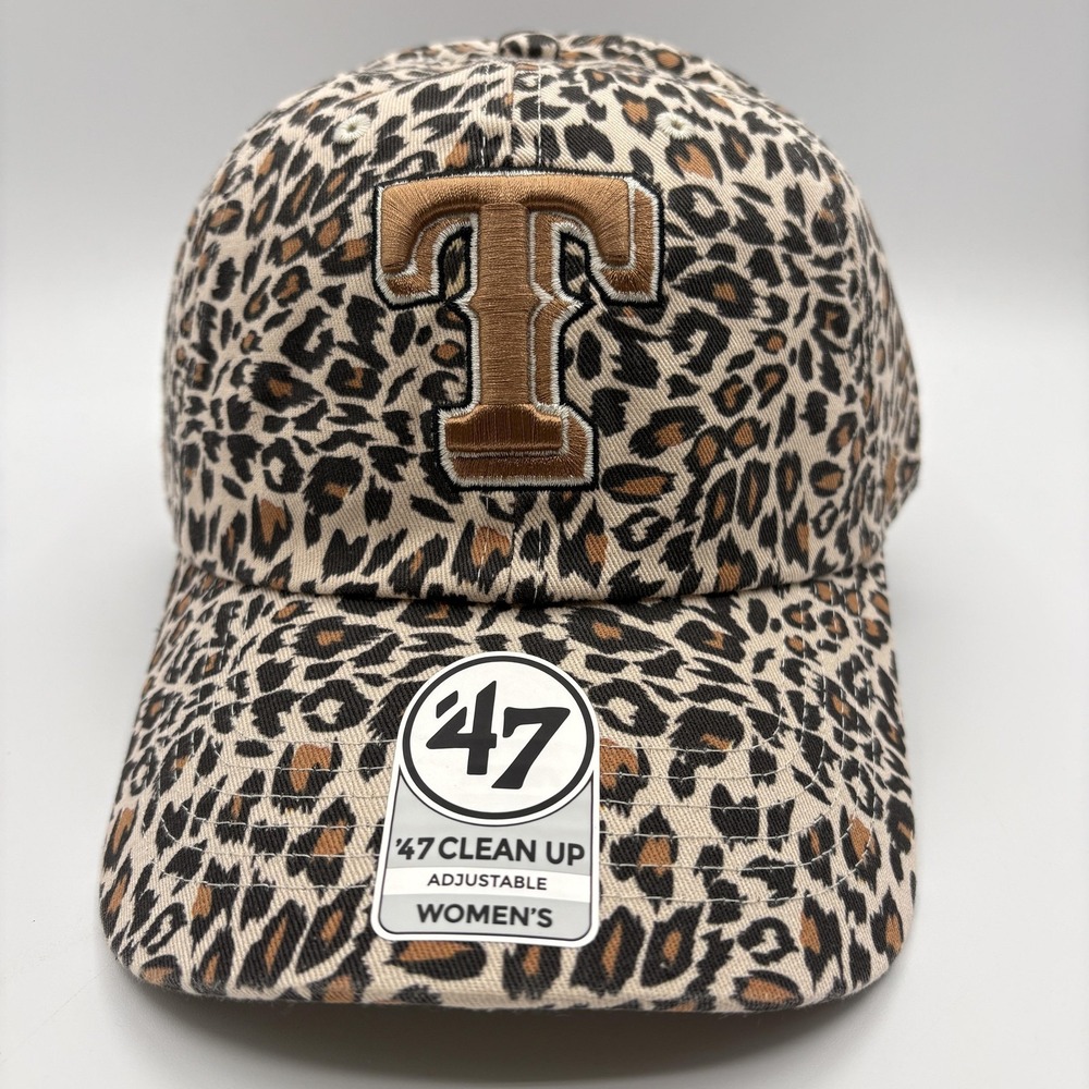 Texas Rangers Womens 47 Brand Hat Clean Up Cheetah Print Cap Strap Back MLB NEW - Picture 2 of 8